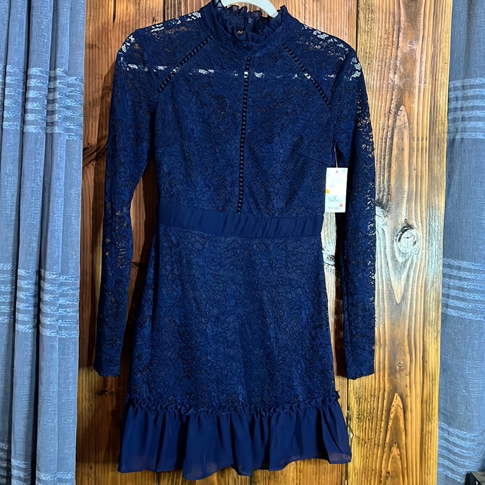 NWT B. Darlin Navy Blue Long Sleeve Lace Dress with Ruffle Trim